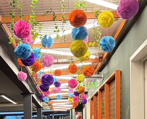 Pompones de papel de colores y plantas colgando del techo sobre el pasillo.